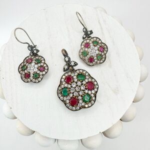 Ruby And Emerald Sterling Silver And Brass Turkish Flower Earrings And Pendant